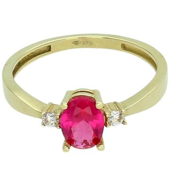 Złoty pierścionek damski z różową cyrkonią i dwoma białymi kamieniami cyrkonie.jpg